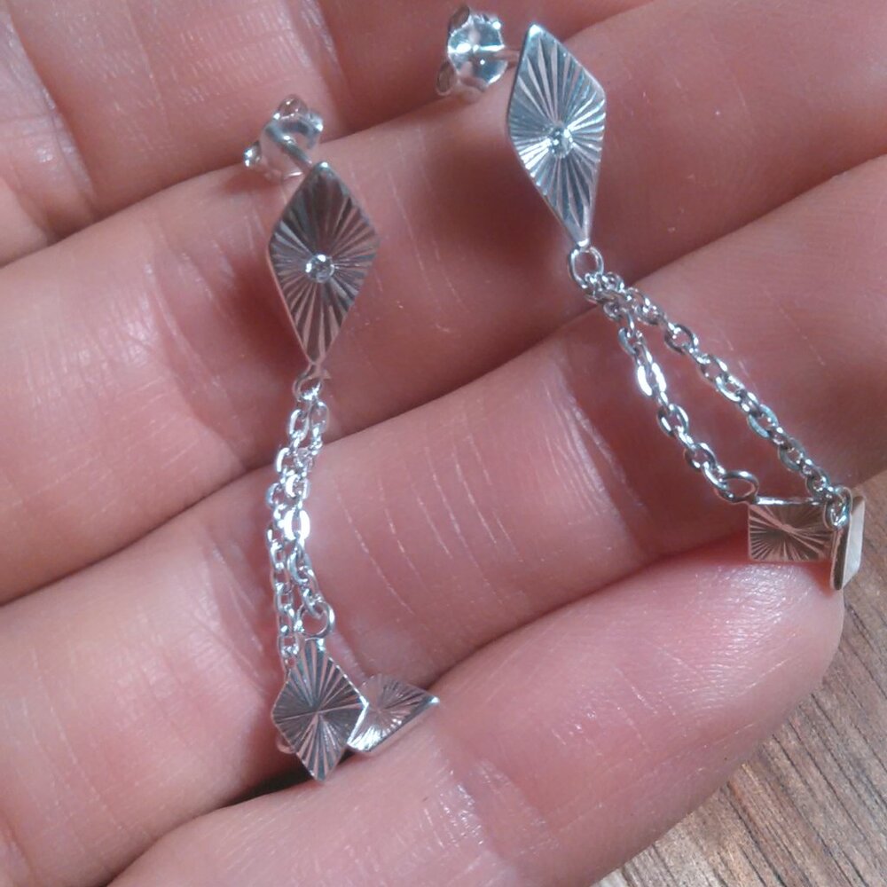 White Zircon Sterling Silver Diamond Shape Dangle Earrings